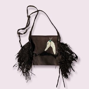 Handpainted Leather Pouch Fringe Boho Crossbody Bag